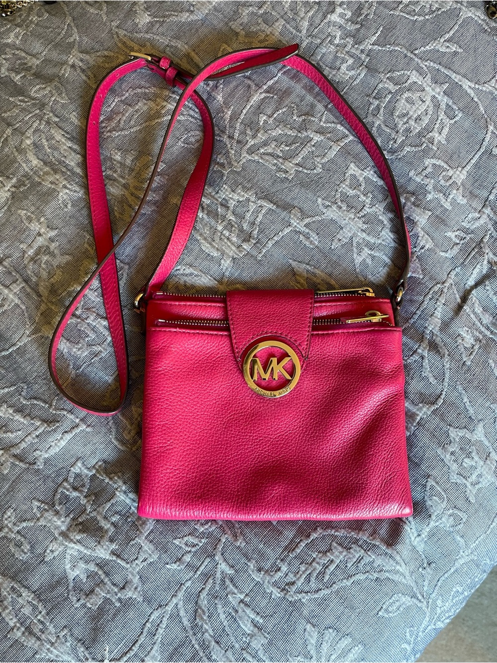 Michael Kors Hot Pink Pebbled Leather Crossbody with Gold MK Emblem